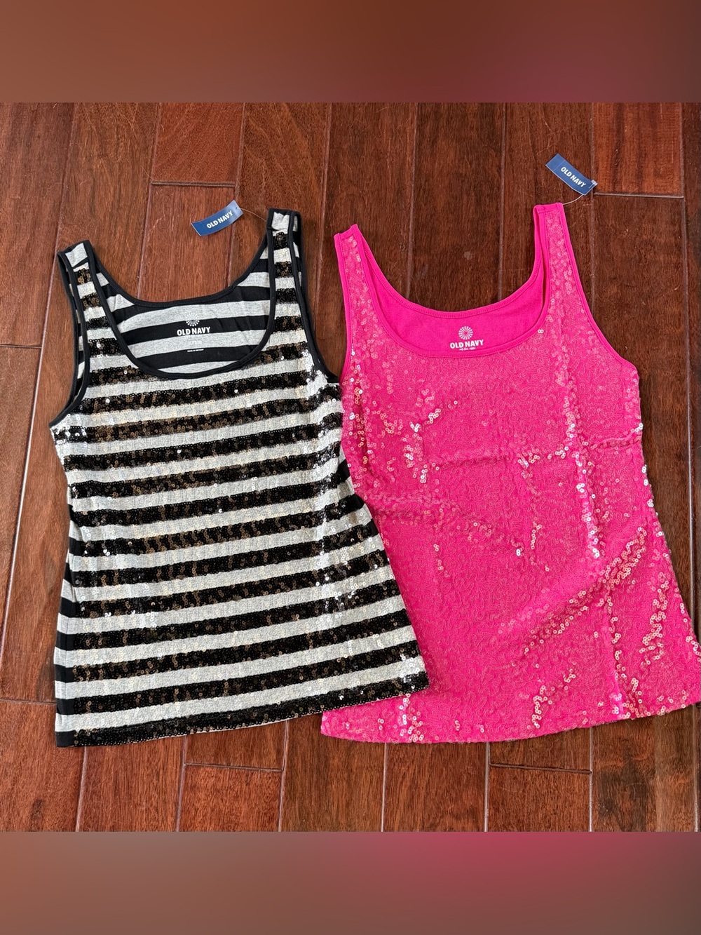 Old Navy Sequin-Front Tank Tops Set of 2 | Large | Black/White & Hot Pink